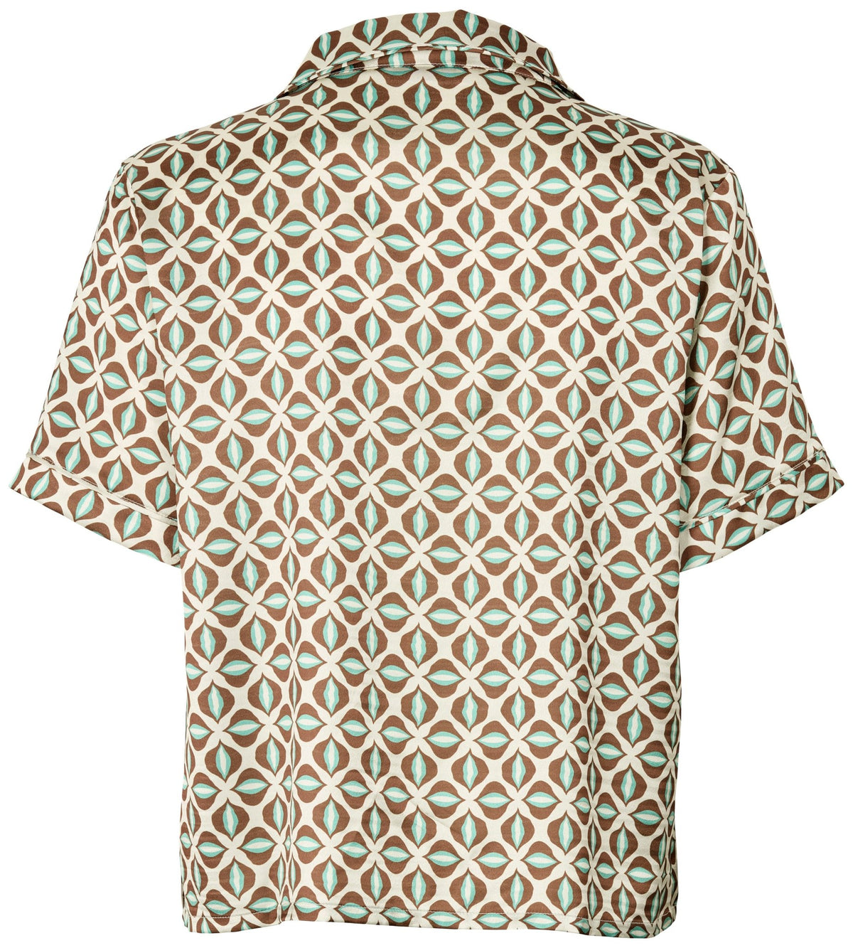Missya Frida – brun mønstret natskjorte med korte ærmer og geometrisk design, set bagfra.