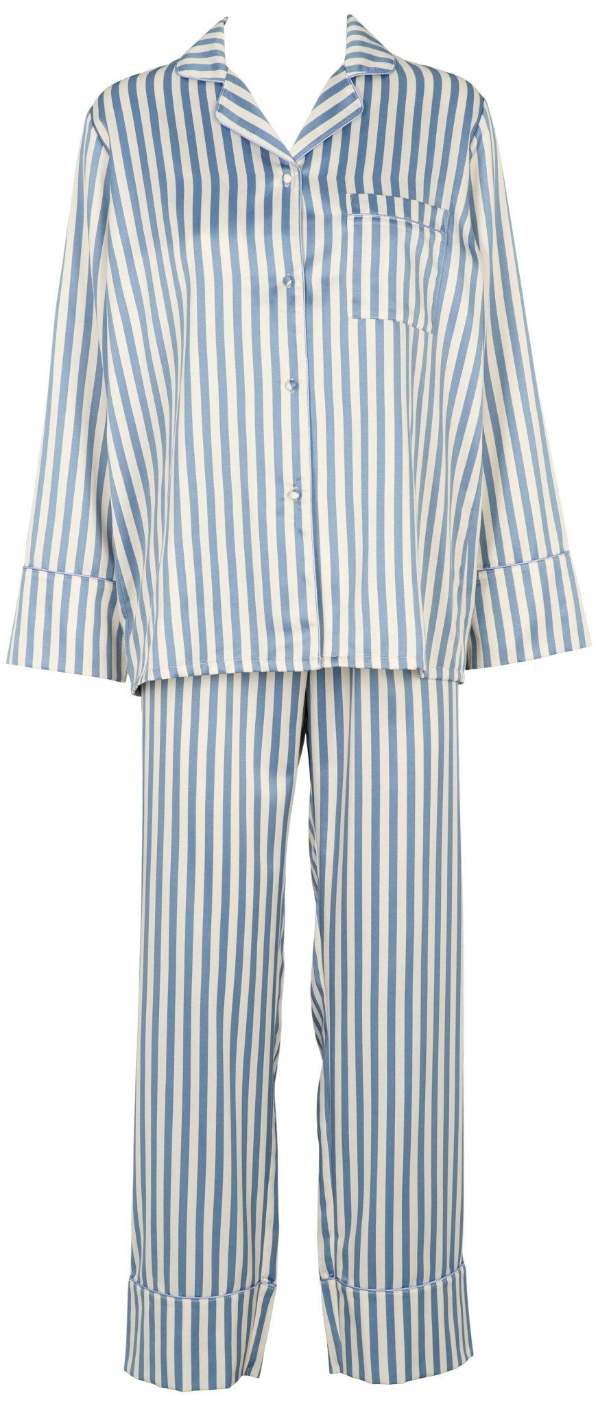 Missya 154541 | Leo Blå: Blå og hvid stribet pyjamas-sæt med lange ærmer, bukser og brystlomme – perfekt til hyggelige aftener.