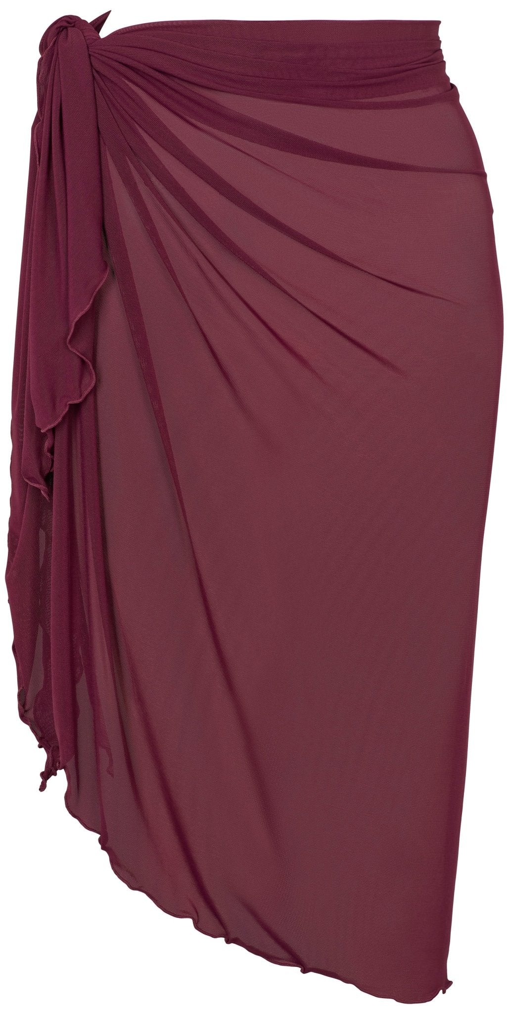 Missya Becca Mørkelilla: Gennemsigtig burgunderfarvet sarong med knude og asymmetrisk kant, perfekt til badetøj eller strandoutfits.