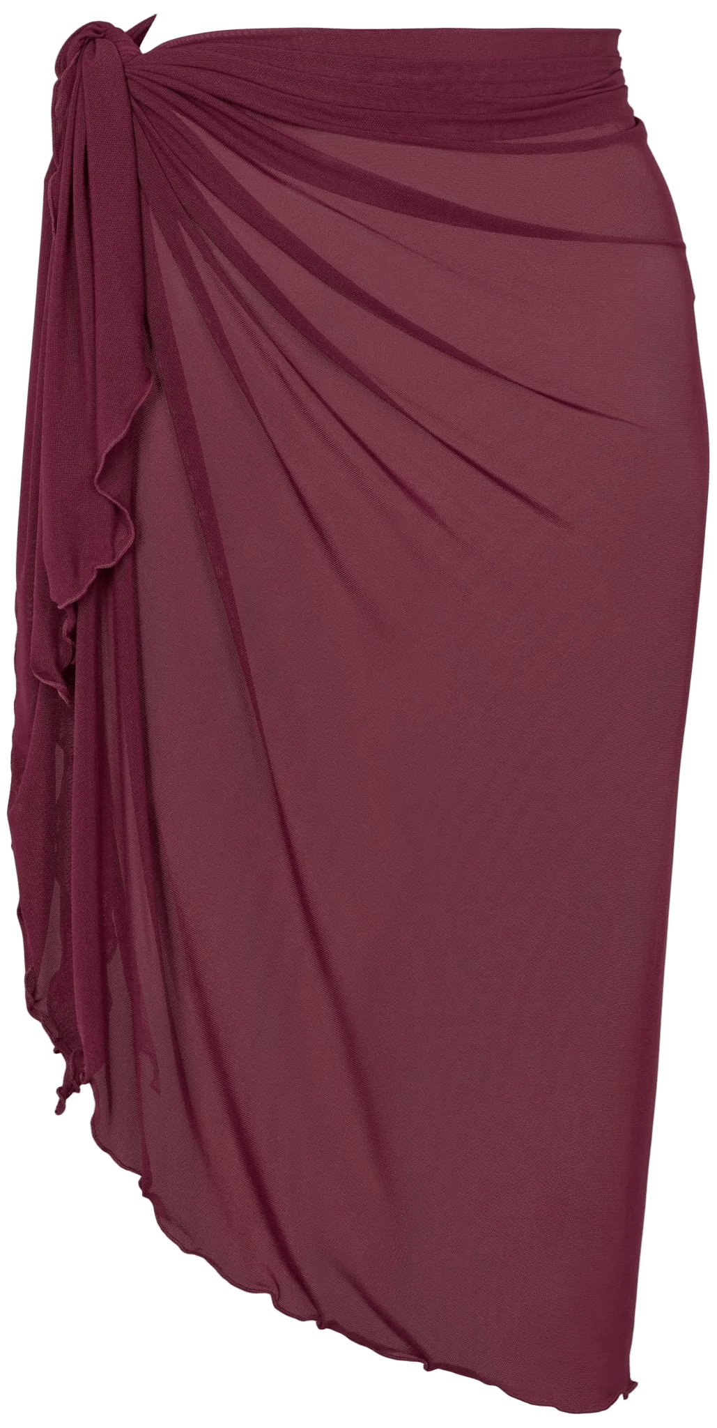 Missya Becca Mørkelilla: gennemsigtig, draperet sarong med asymmetrisk kant – perfekt som funktionelt strandtøj.