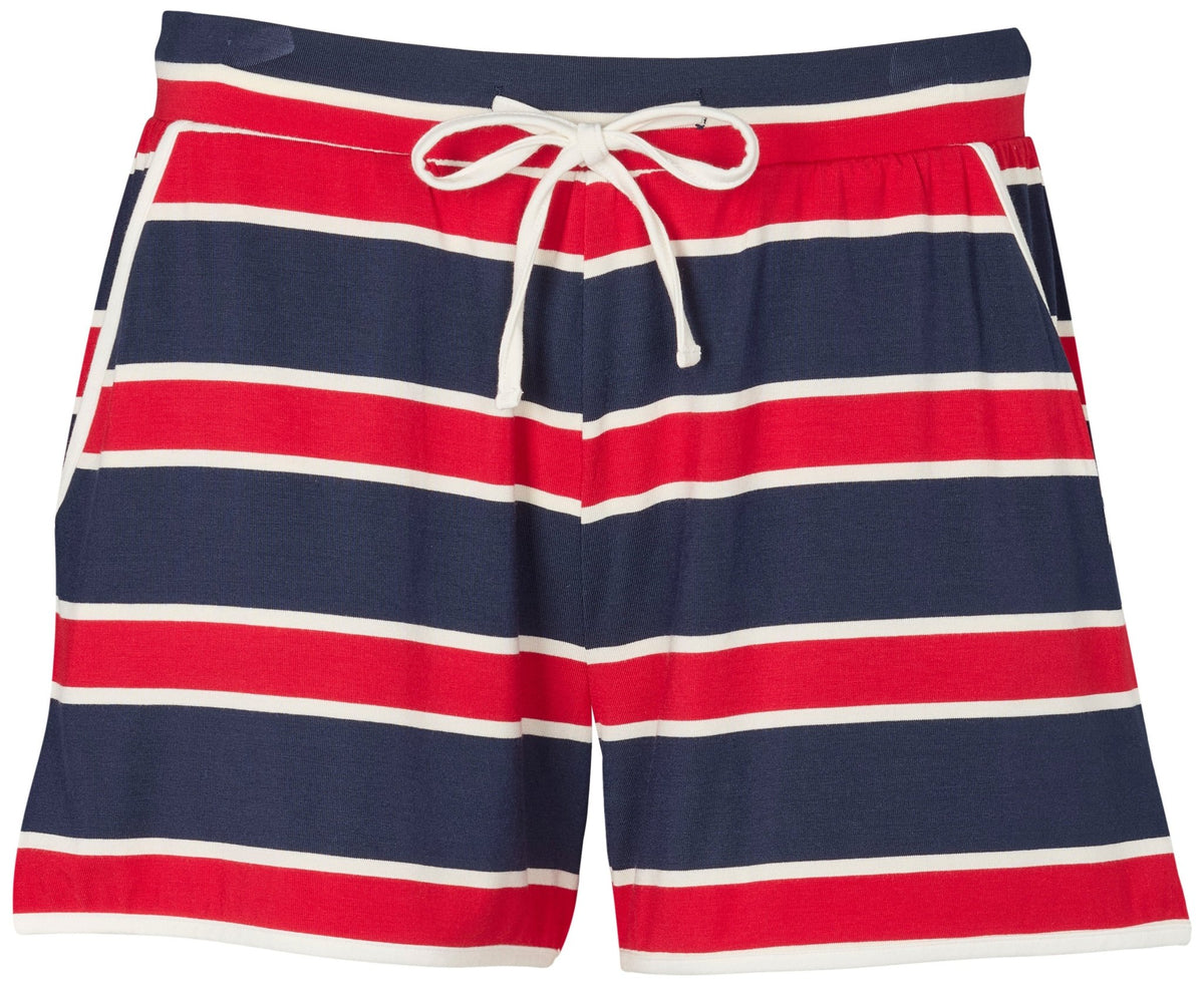 Missya Softness Stribet-shorts i røde, marineblå og hvide striber med snøre og sidelommer på hvid baggrund.