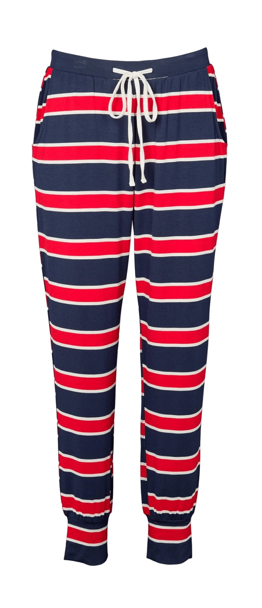 Missya – Softness Stribet joggingbukser med røde, hvide og marineblå vandrette striber og en hvid snøre.