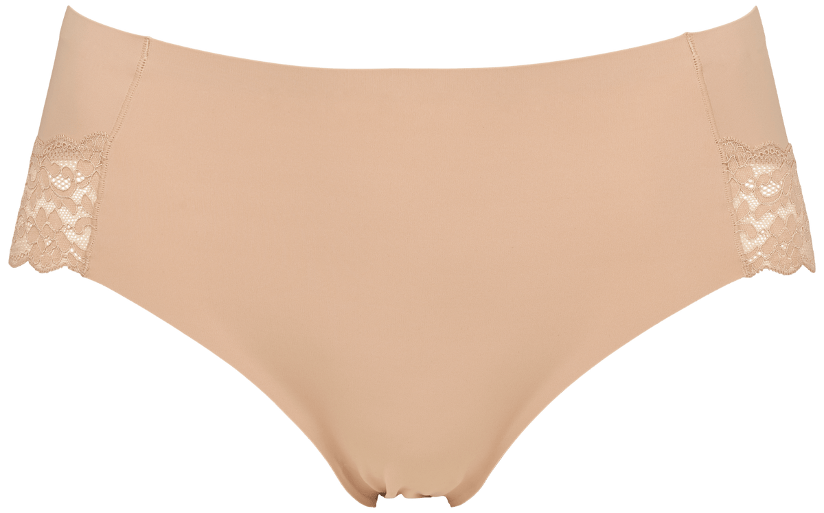 Missya 155116 Sømløse trusser med blonder, 3-pak til kvinder, elegante med blonder på siderne på hvid baggrund.