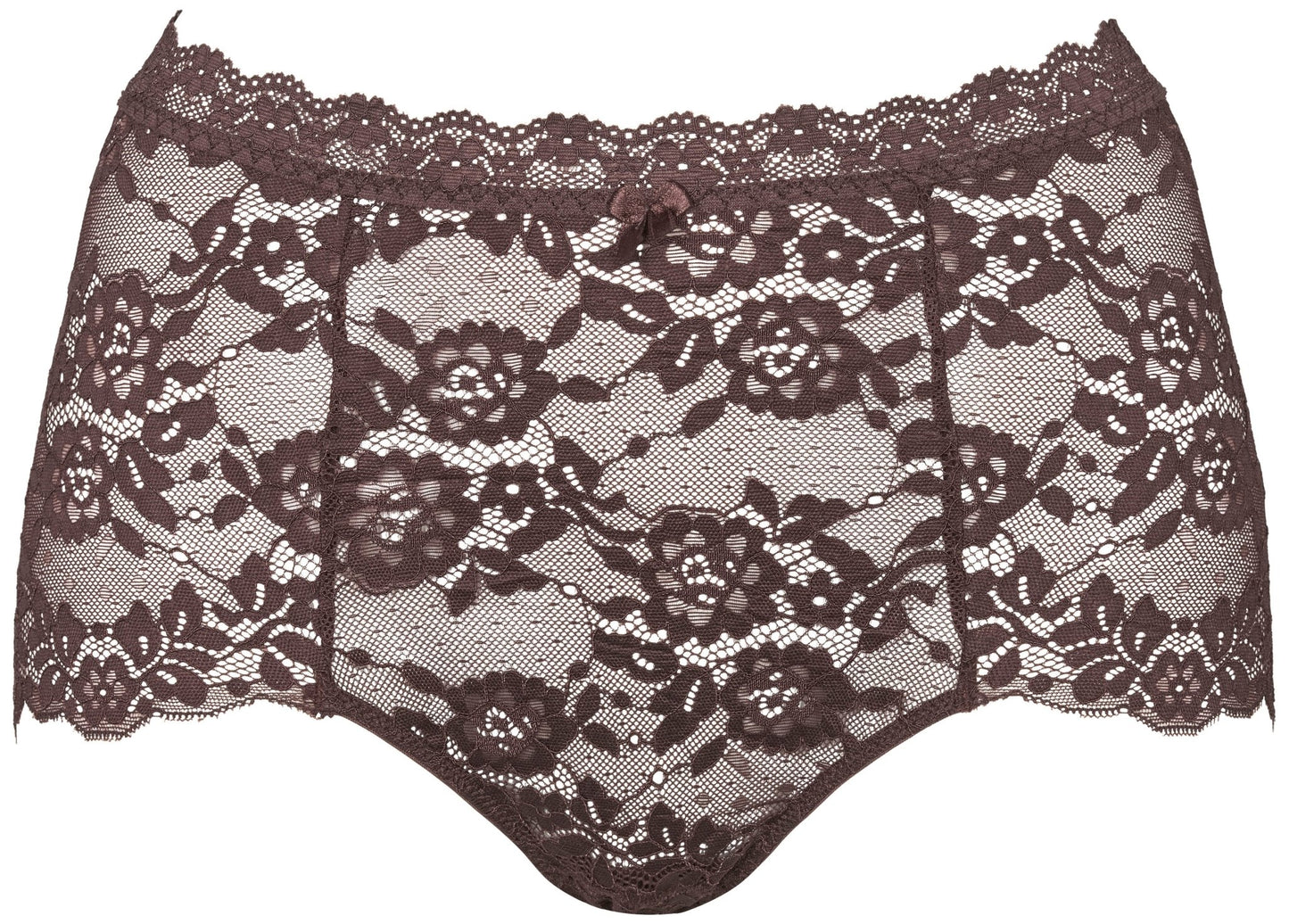 Missya’s Lace 3-pak Rosa: brune trusser med høj talje, blomsterblonder, bølget kant og en fin sløjfe.