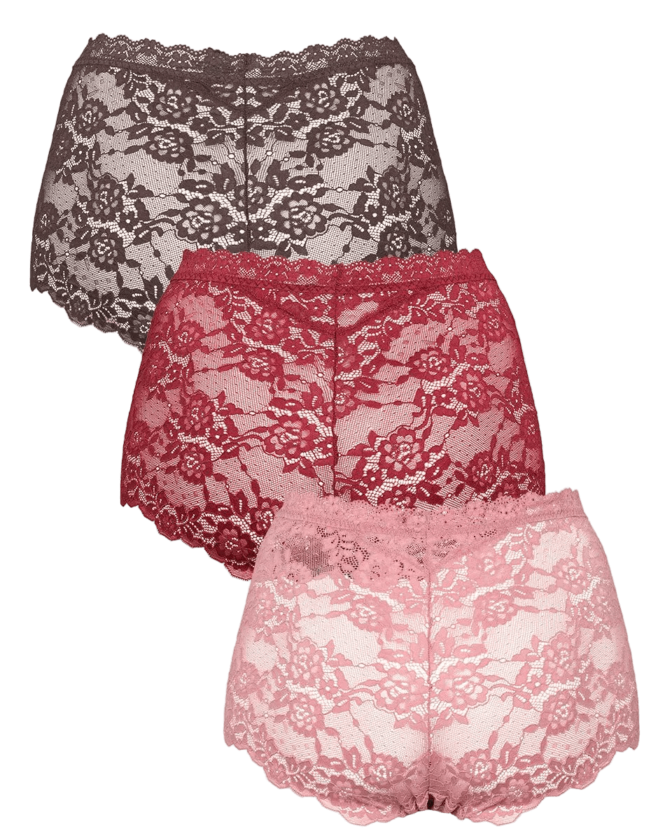 Missya 155674 Lace 3-Pack Rosa: tre trusser med høj talje i blonder i farverne brun, rød og lyserød, stablet på en hvid baggrund.