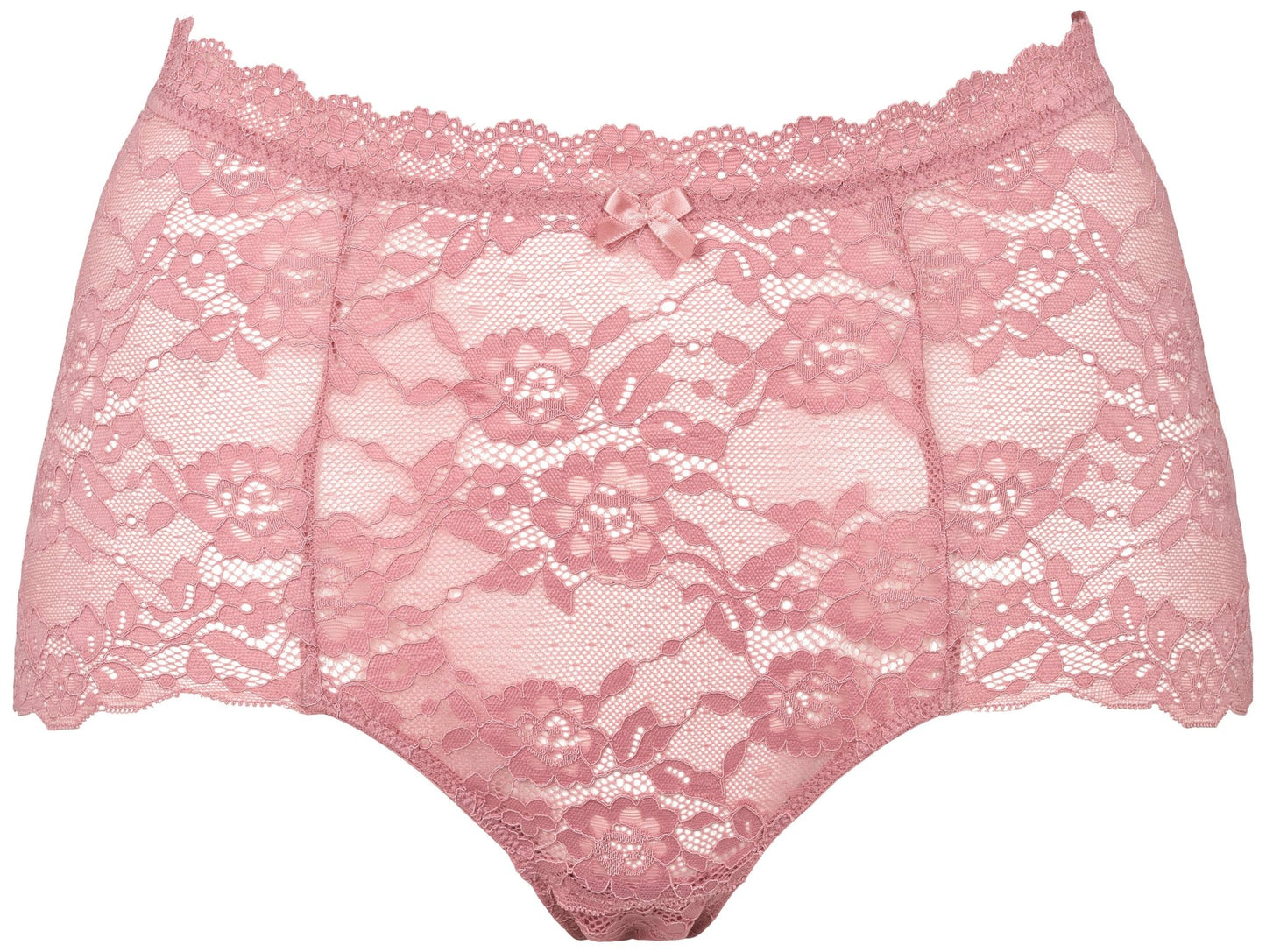 Missya – Lace 3-pak Rosa: Lyserøde trusser med høj talje i blonder og sløjfe, vist på hvid baggrund.