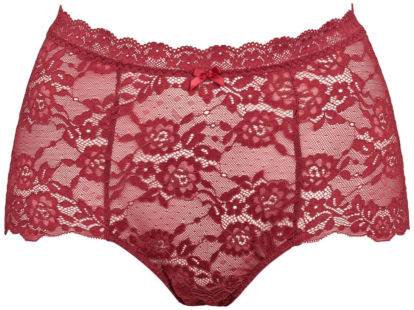 Missya – Lace 3-Pack Rosa: 3 røde, højtaljede trusser i blonder med blomster og sløjfe, vist på hvid baggrund.