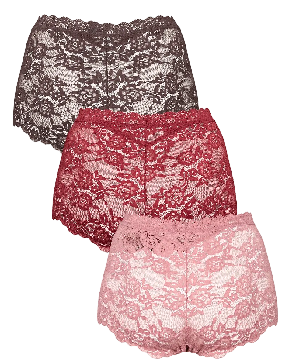 Missya 155674 Lace 3-Pack Rosa: tre trusser med høj talje i blonder i farverne brun, rød og lyserød, stablet på en hvid baggrund.