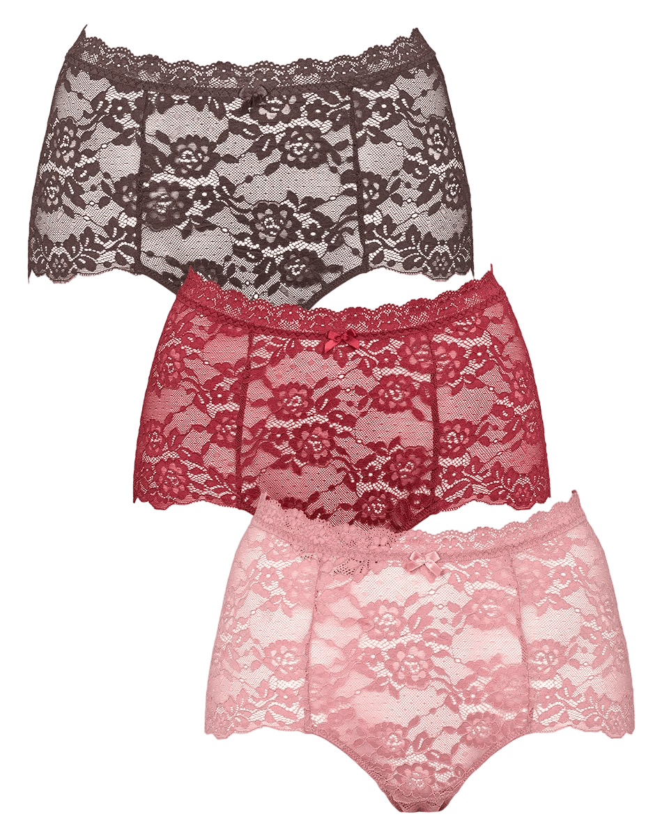 Missya Lace 3-pak Rosa: Flatterende trusser med høj talje i sort, rød og lyserød med blomster.