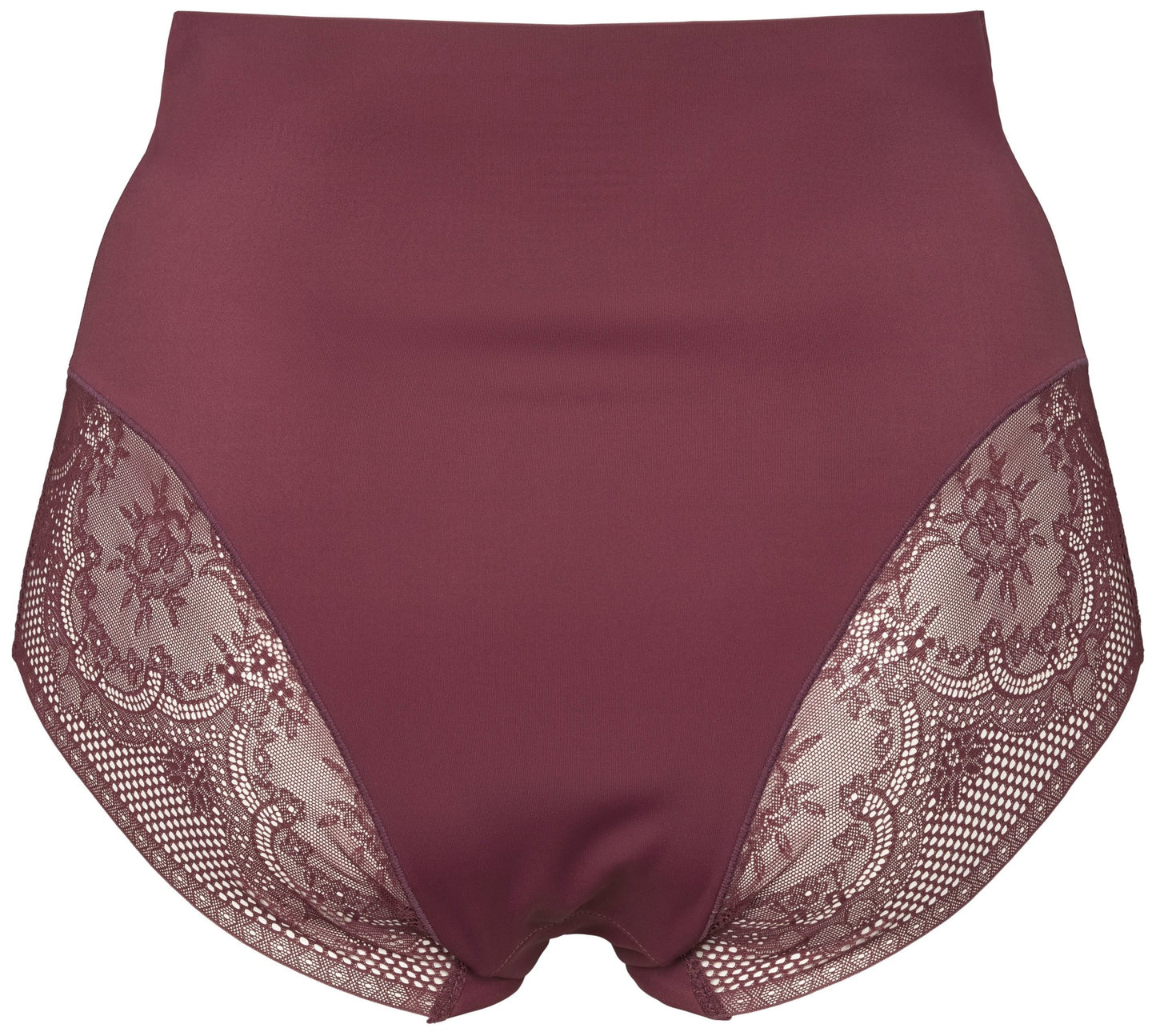 Missya Seamless med blonder, 3-pak, Bordeaux: trusser med høj talje og blonder i siderne, på hvid baggrund.