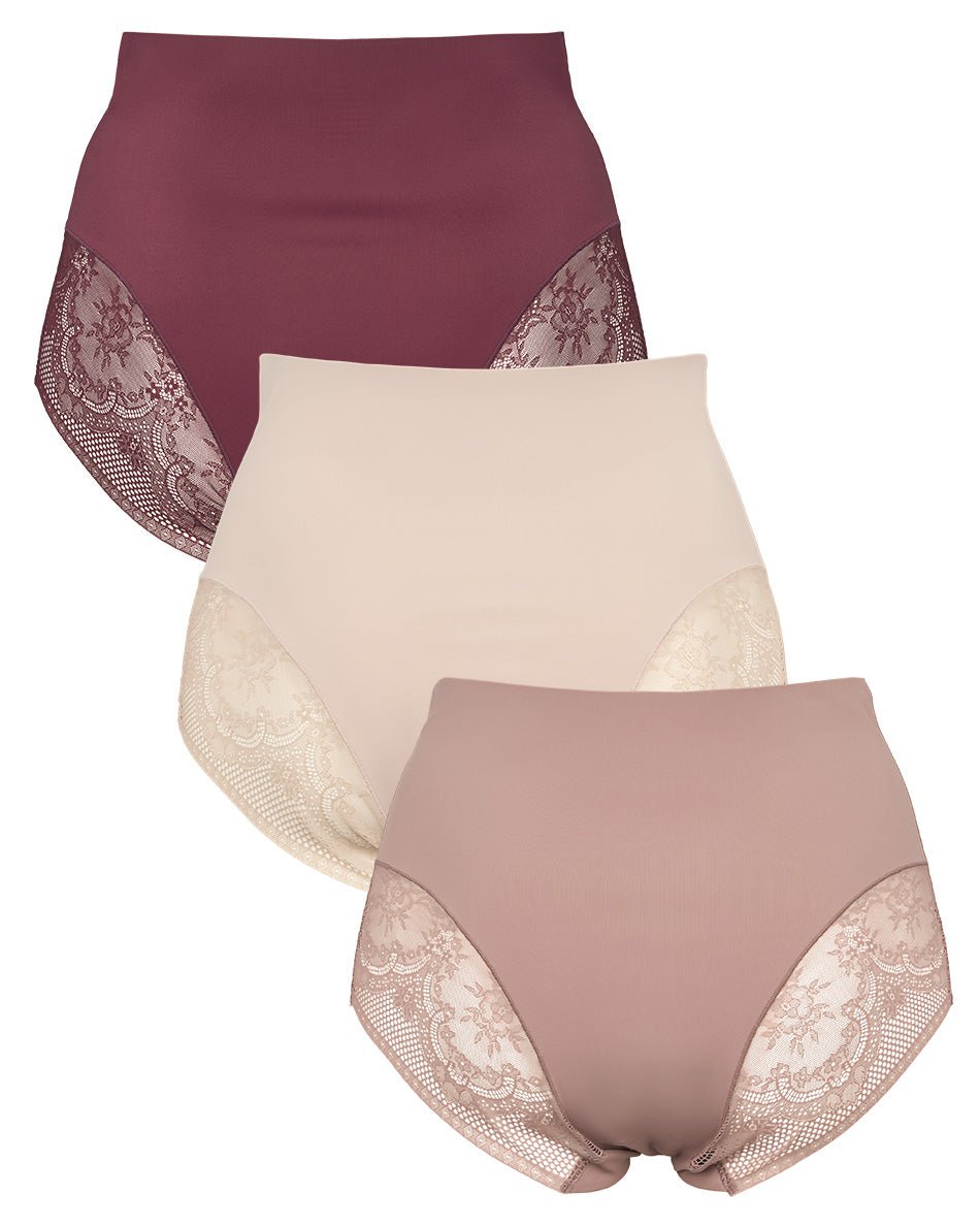 Missya Seamless med blonder, 3-pak, Bordeaux: Tre maxi-trusser med høj talje og blondekant i farverne bordeaux, beige og mauve.