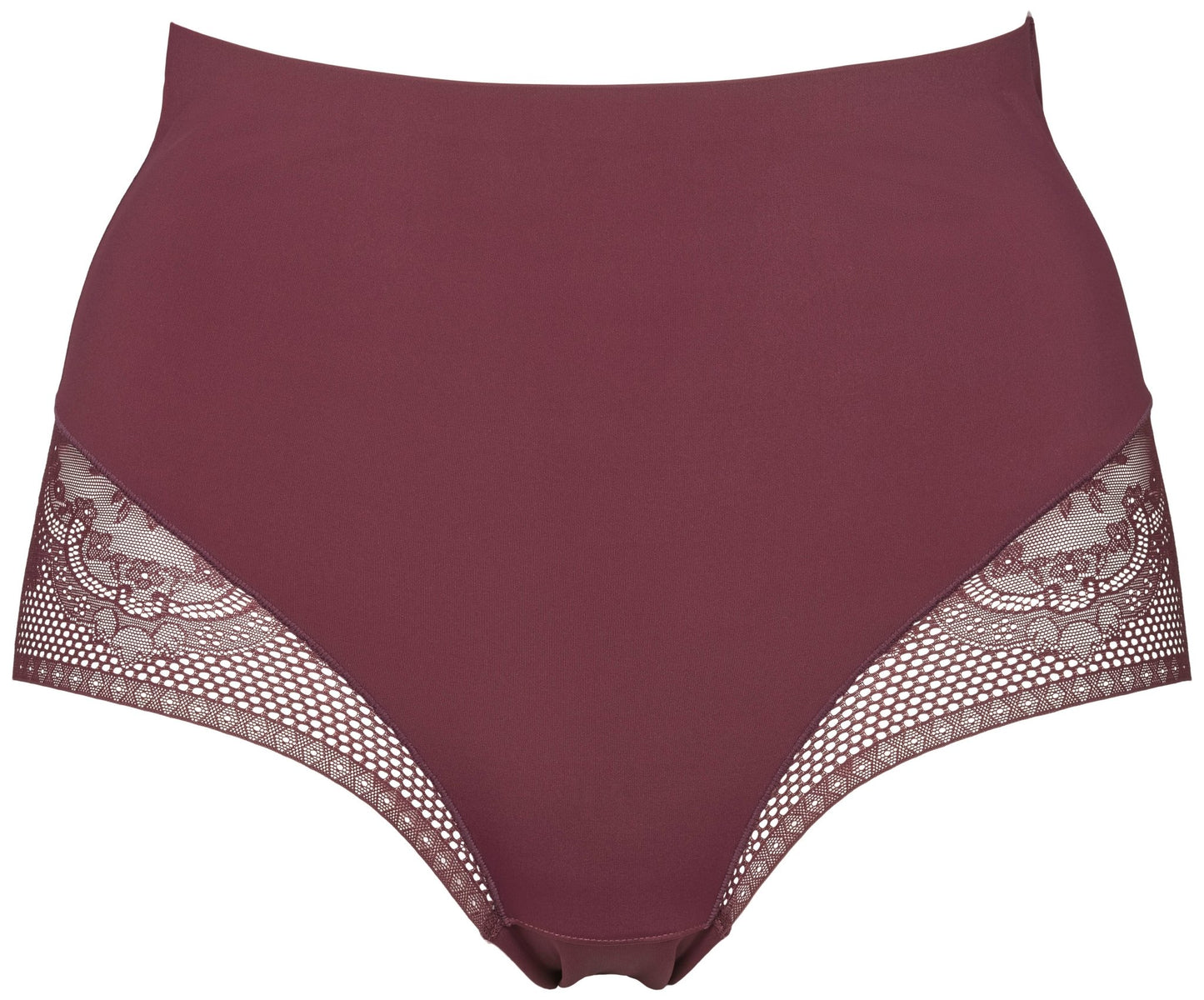 Missya Seamless med blonder, 3-pak, Bordeaux: Højtaljet, rødbrunt undertøj med blonder på siderne på hvid baggrund.