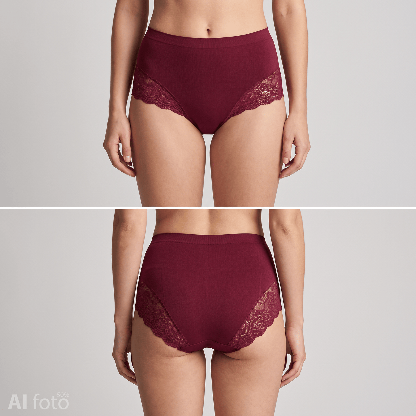 For- og bagfra-billeder af en person iført Missya Seamless w Lace 3-pak Bordeaux-undertøj med høj talje og blonderkant.