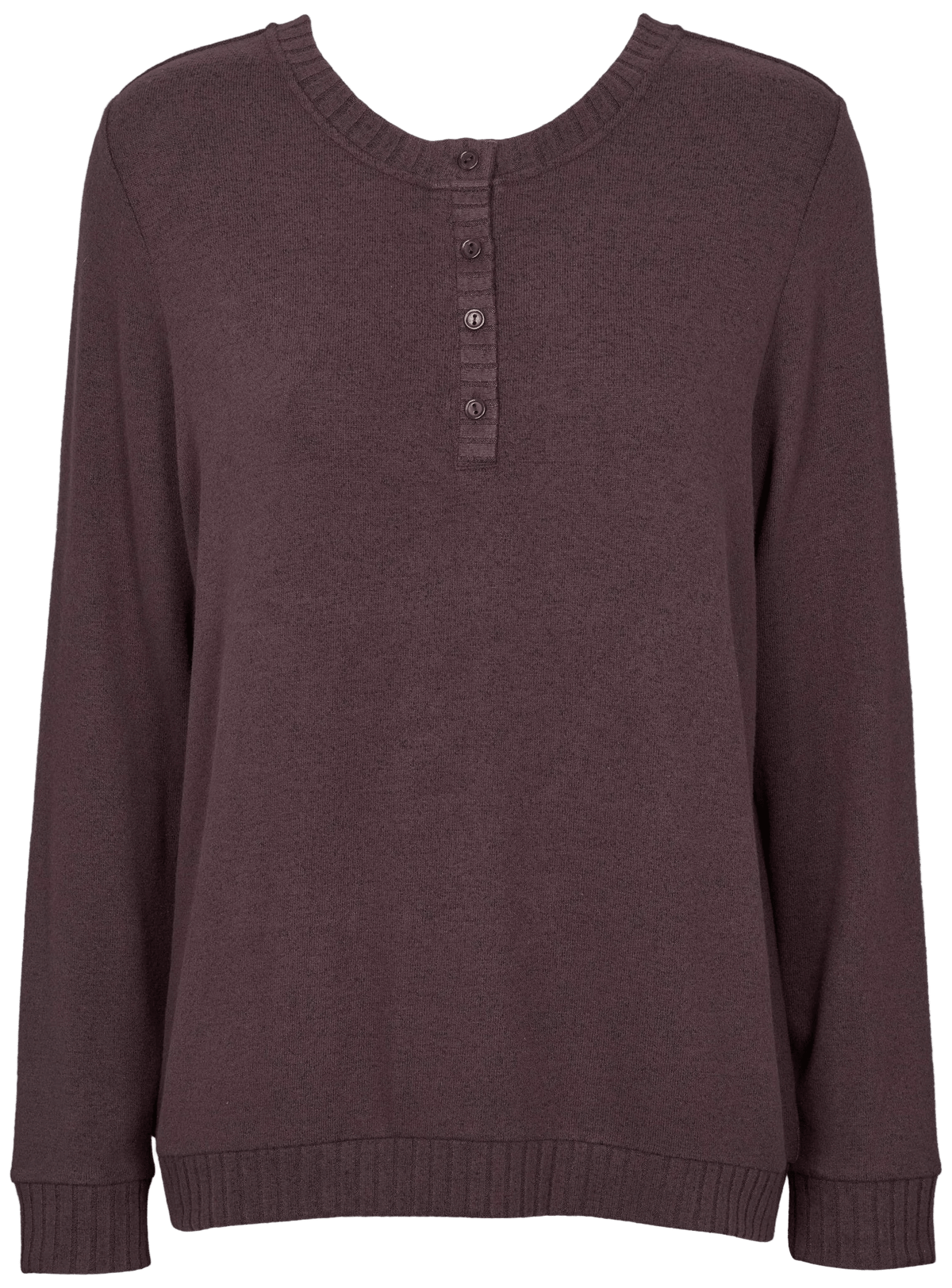 Missya Cozy Mørkebrun: langærmet hjemmebluse med henley-udskæring og knapstolpe med fire knapper.