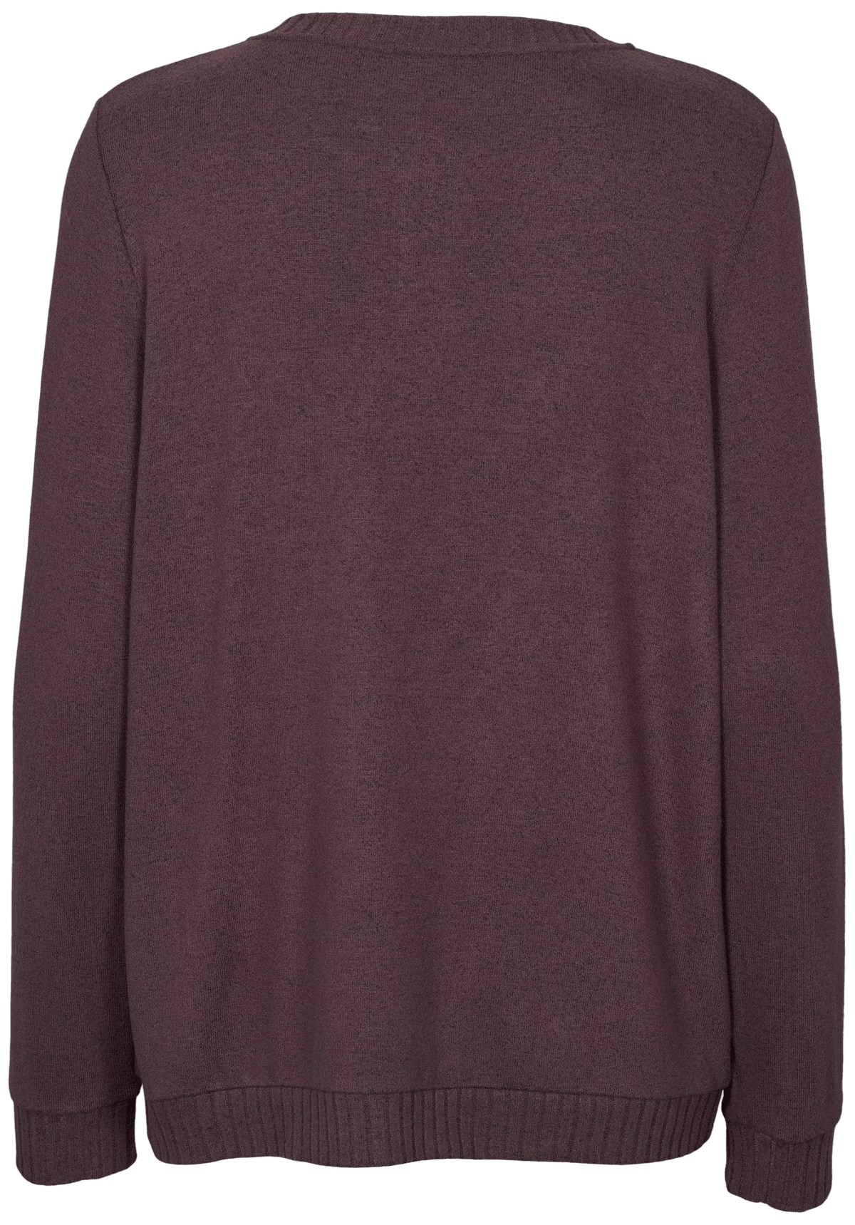 Bagside af Missya - Cozy Mørkebrun pullover 155975, med ribkant ved ærmer og forneden på en ensfarvet baggrund.
