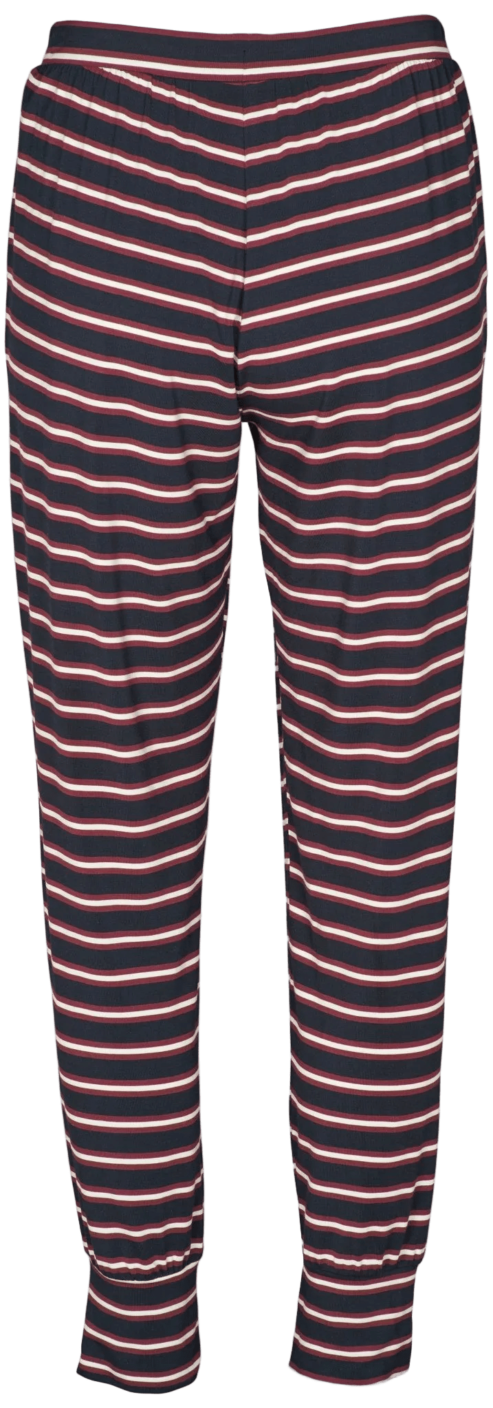 Missya Softness bukser 155976: Blå mønstrede joggingbukser med hvide/røde striber, elastisk linning og behagelige, tilspidsede ben.