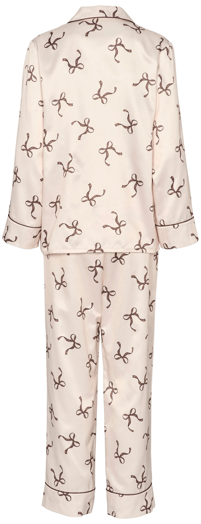 Missya – Leo Beige: Pyjamas i cremefarvet satin med brunt bånd, perfekt som nattøj eller stilfuldt hjemmetøj.