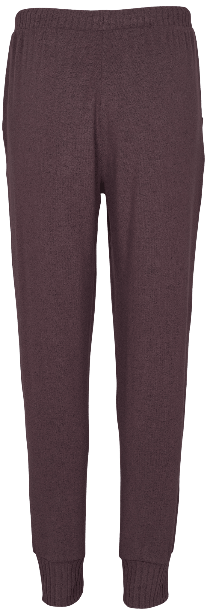 Missya Cozy Mørkebrun – brune strikkede joggingbukser med elastik i taljen og ribkant ved anklerne, set bagfra.
