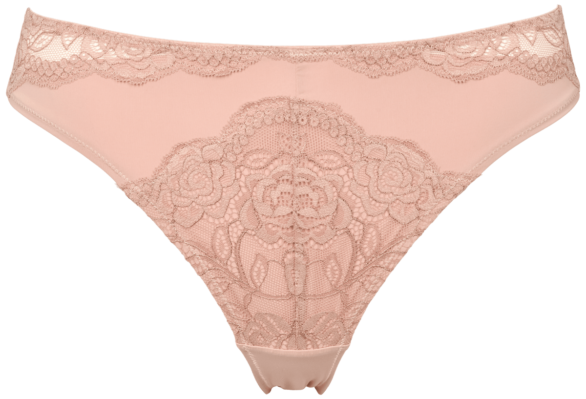Missya Celine Pudder-g-streng med blomsterblonder foran i beige-blond, vist på hvid baggrund for et elegant look.