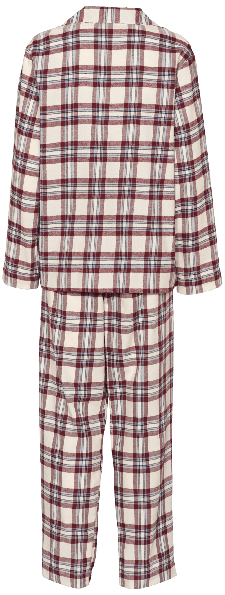 Bagfra set af Missya 156065: pyjamas i flannel med tern i farverne creme, rød og marineblå, fremstillet i blødt bomuld med lange ærmer og lange bukser.
