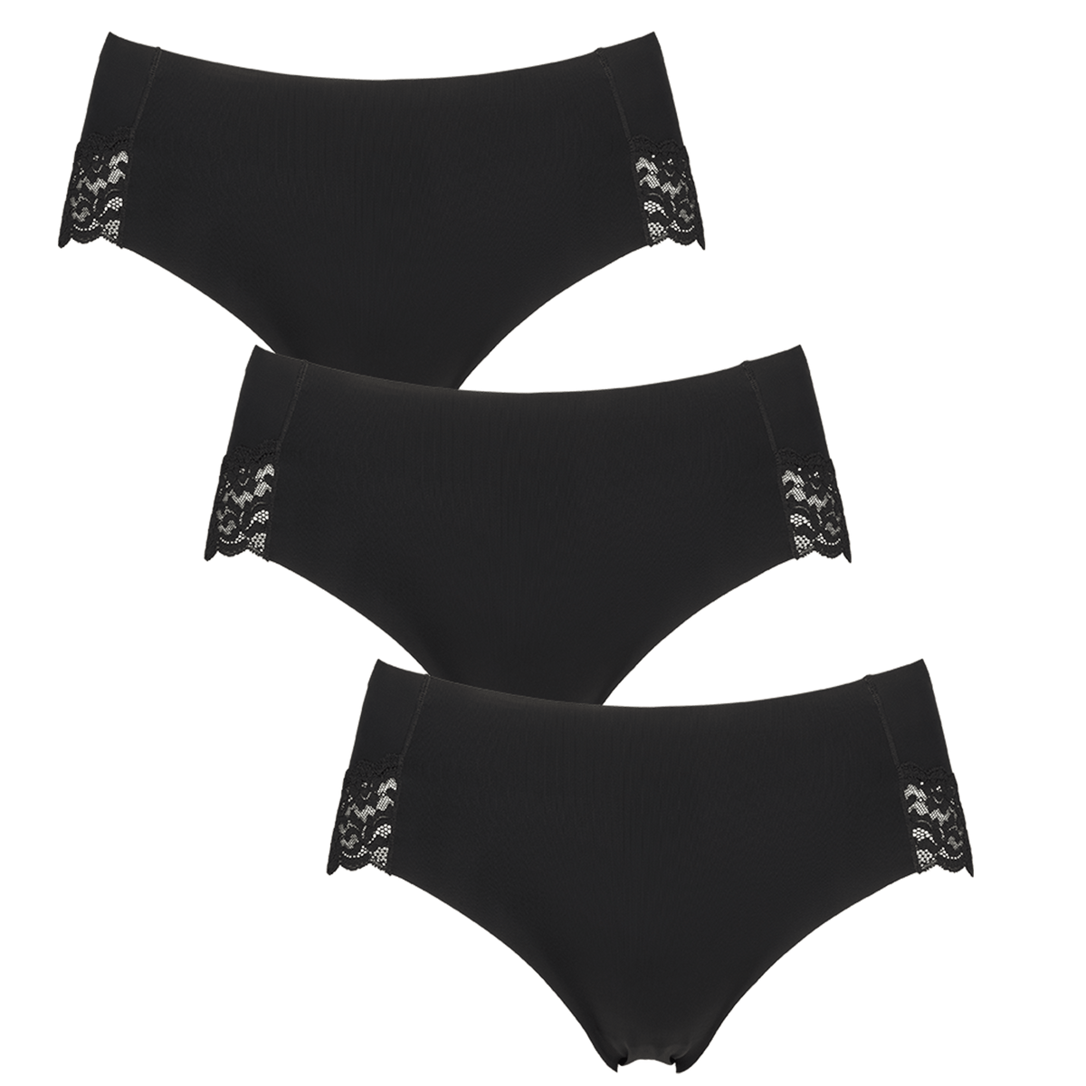 Tre par Missya Seamless w Lace 3-Pack Sort dameundertøj, sort, vist på hvid baggrund.