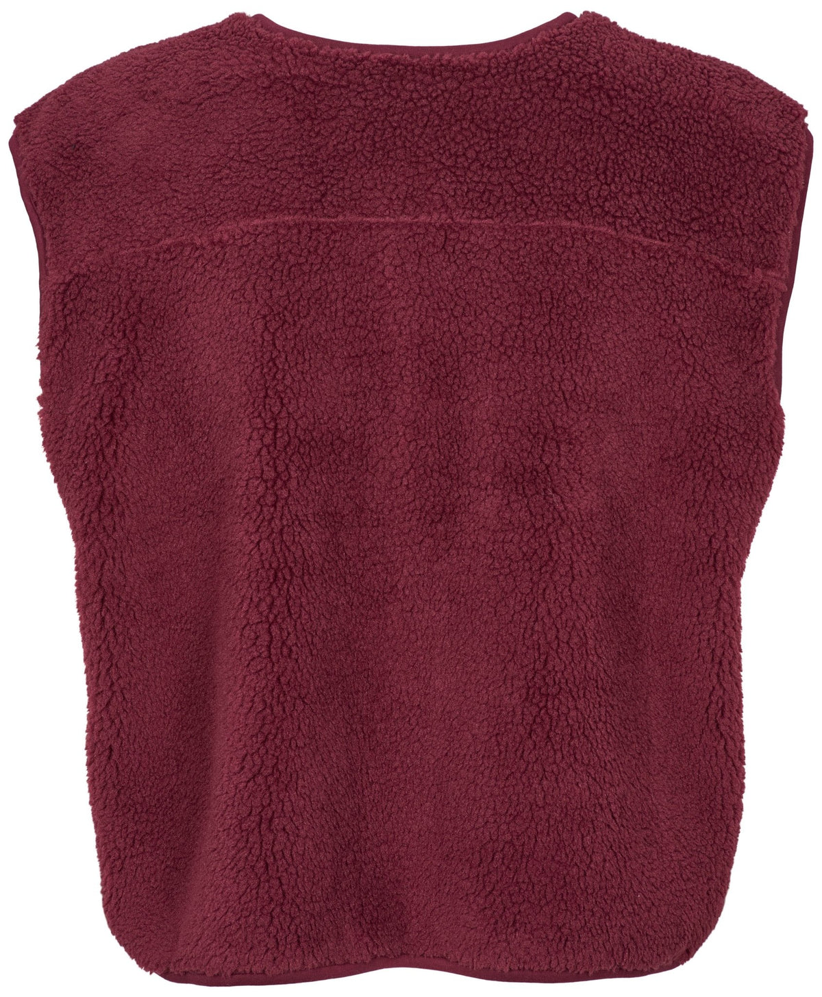 Missyas Teddy Bordeaux: en rødbrun sherpa-fleecevest uden ærmer, vist set bagfra på en hvid baggrund.