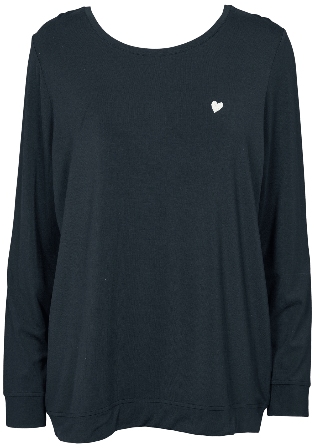 Missya Softness Blå-sort langærmet T-shirt i modal og elastan med rund hals og et hvidt hjerte på brystet.