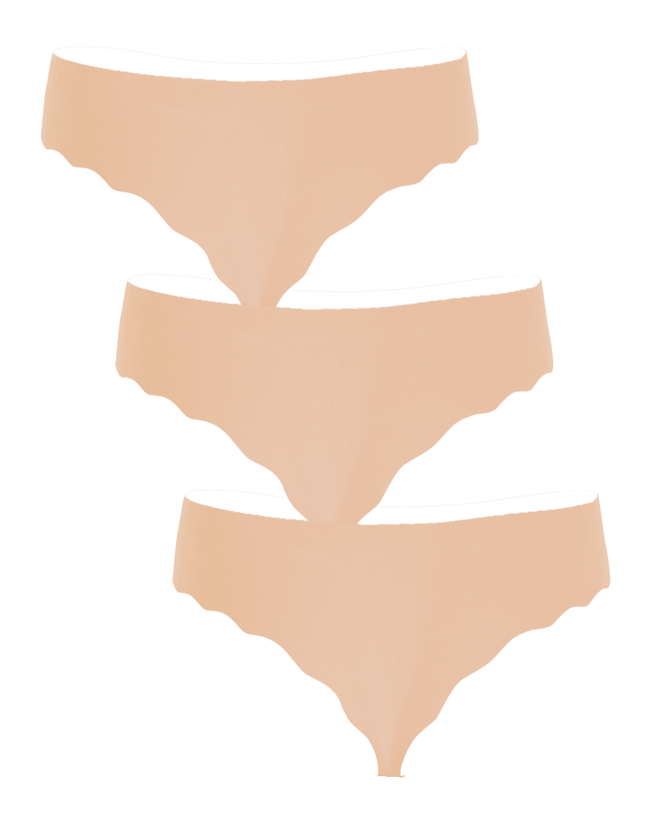 Tre Missya Seamless Brazilian Pudder-trusser i farven nude med bølget kant, stablet på en hvid baggrund.