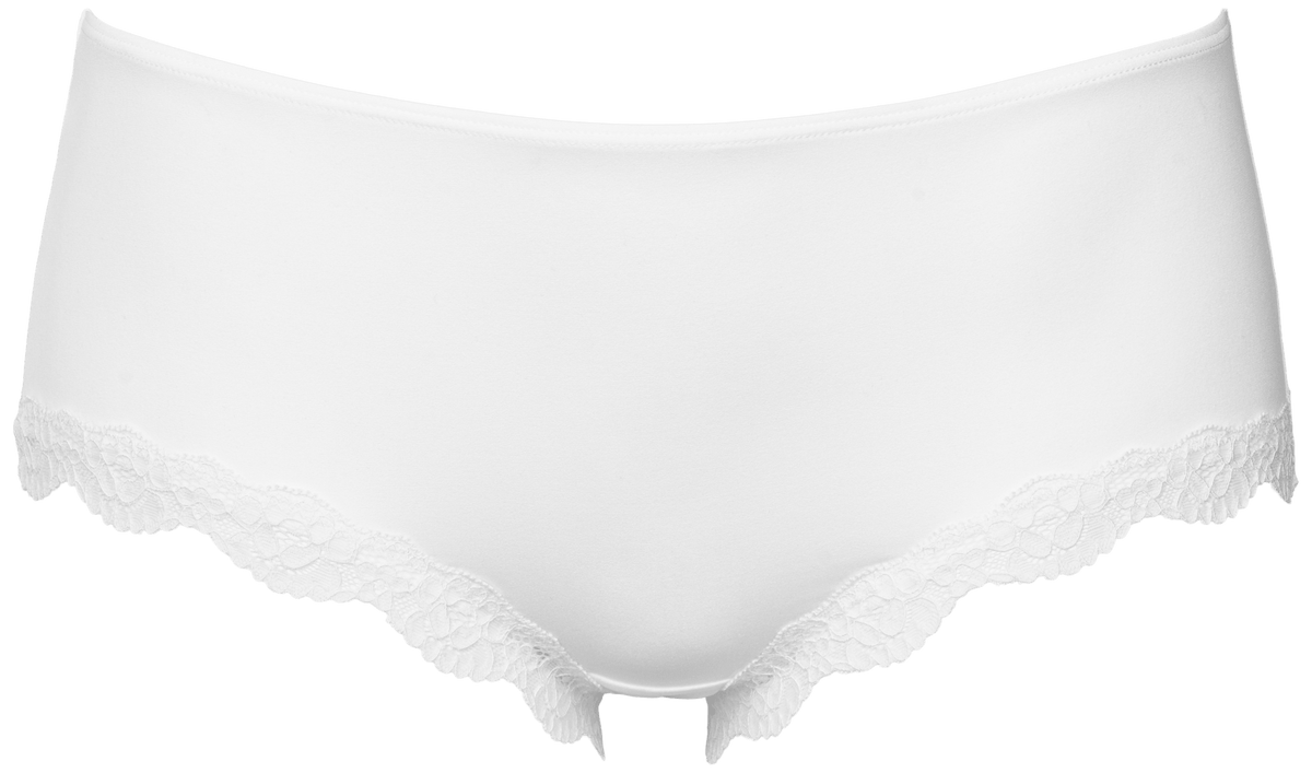 Missya – Soft Feel Hvid: hvide hipster-trusser med blonder langs benåbningerne.