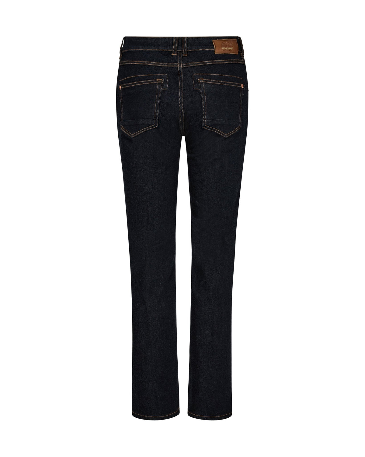 Bagside af MOS MOSH Carla Mørkeblå-jeans, lige ben, brune sømme, to baglommer på hvid baggrund.