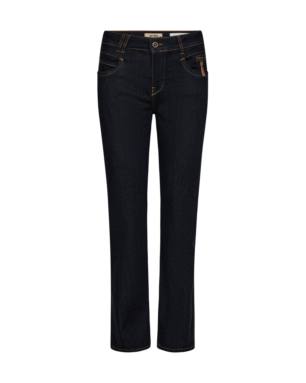 MOS MOSH Carla Mørkeblå-jeans har orange syninger, fem lommer, bæltestropper og lukning med knap og lynlås.