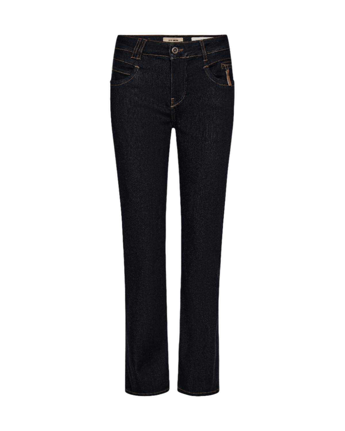 MOS MOSH Carla Mørkeblå jeans: mørkeblå, orange syninger, lommer og knaplukning.