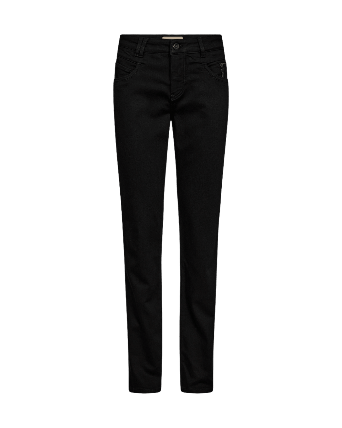 MOS MOSH Carla Sort-jeans: mellemhøj talje, slim fit, lommer. Vist på hvid baggrund. Mærke: MOS MOSH.