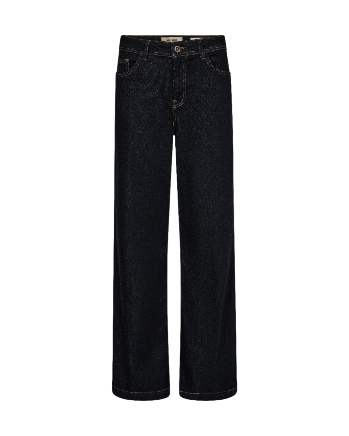 MOS MOSH Dara Mørk denimjeans med brede ben, lommer, knaplukning og synlige sømme.