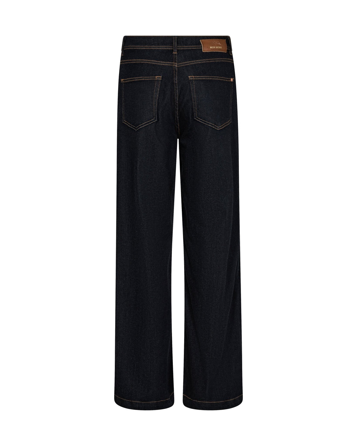 Bagfra-billede af MOS MOSH Dara Mørk-jeans med brede ben, to baglommer og et lysebrunt mærke på linningen.