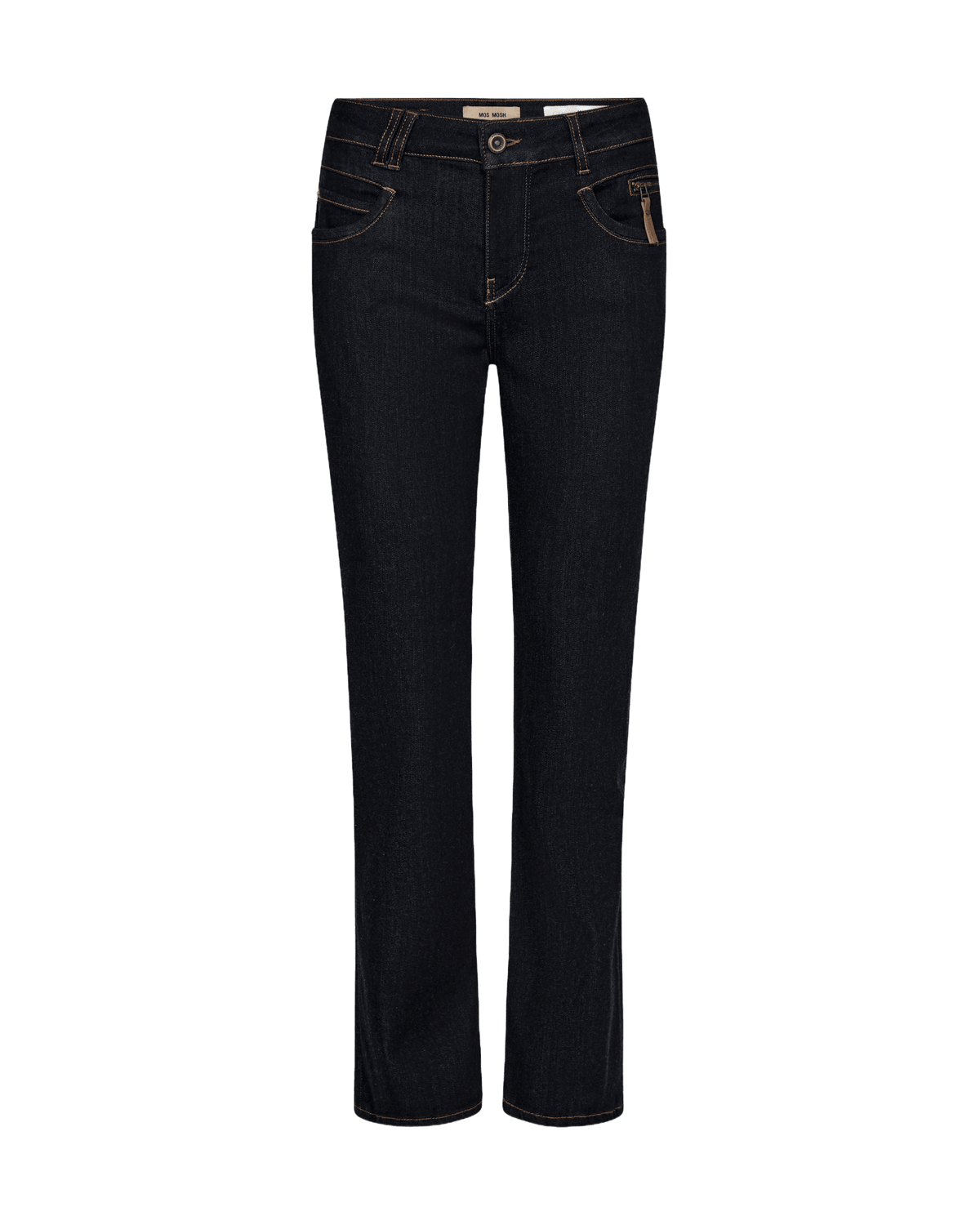 MOS MOSH Clara 34″ mørkeblå jeans med lige ben og lommer foran og bagpå, vist på hvid baggrund.
