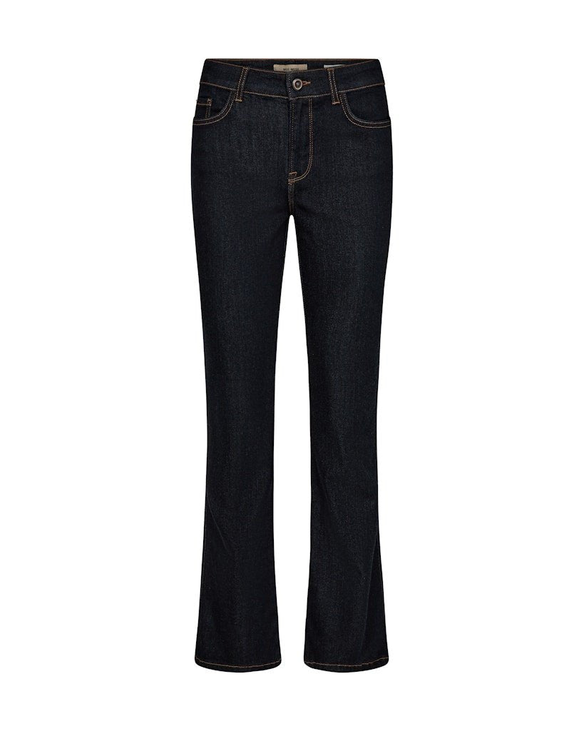 MOS MOSH Naomi Bran Mørk – bootcut-jeans i mørk denim med lommer, vist på hvid baggrund.