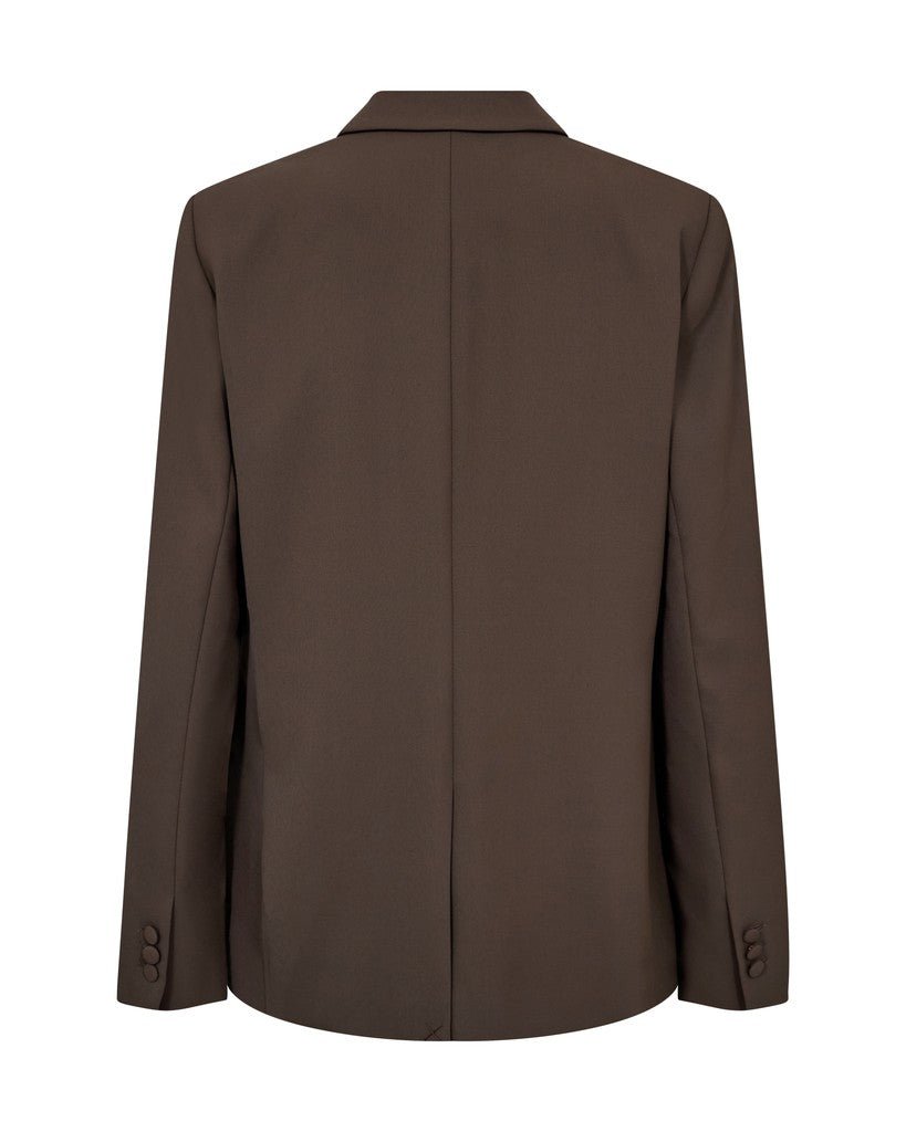 Bagfra set: MOS MOSH 155463 Phoebe Miley mørkebrun blazer med lange ærmer, udskåret krave og manchetter med to knapper.