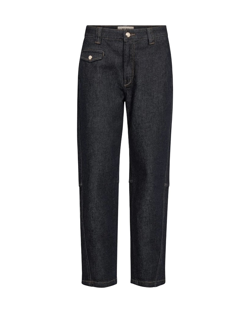 MOS MOSH 155541 Aymen Mørk-jeans i denim med lige ben, middelhøj talje, knaplukning og en unik møntlomme på højre side.