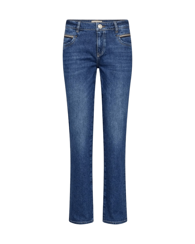 MOS MOSH 155542 Carla Naomi l.32: blå jeans med lige ben, lommer foran og bagpå, knaplukning og bæltestropper.