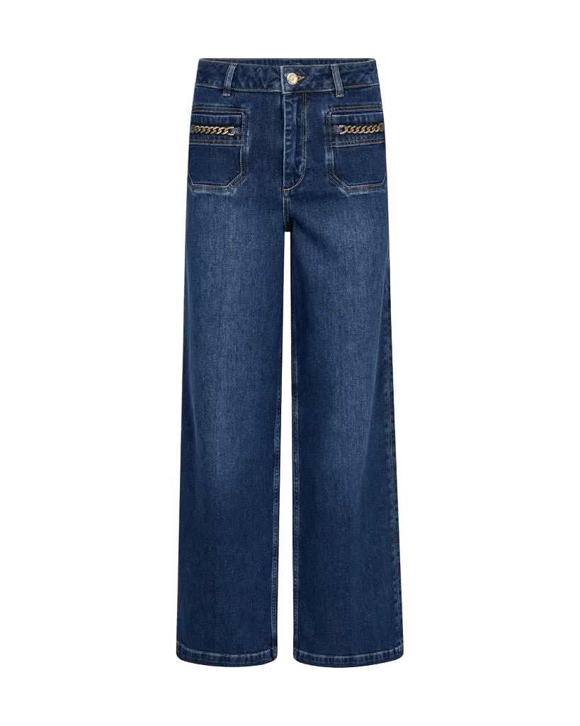 MOS MOSH Colette Denim: Jeans med brede ben og høj talje, forlommer, detaljer med guldkæde, knap og bæltestropper.