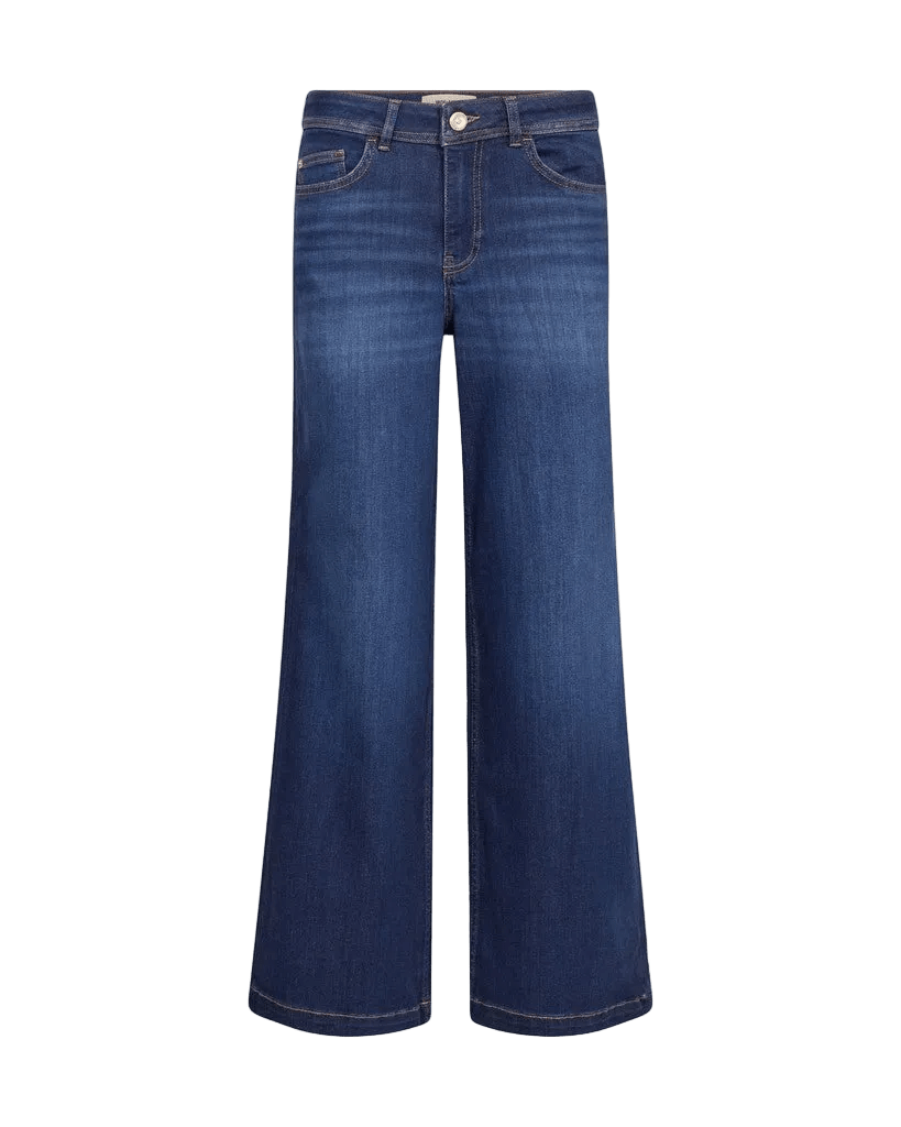 MOS MOSH Dara Denim-jeans, mørkeblå, brede ben, lommer foran og bagpå, knaplukning, bæltestropper. Model: 155545.