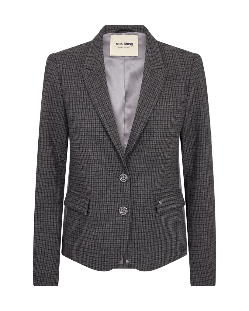 MOS MOSH Josa Ternet-blazer i gråt ternet mønster, to knapper, skrå revers og lommer med klap på ensfarvet baggrund.