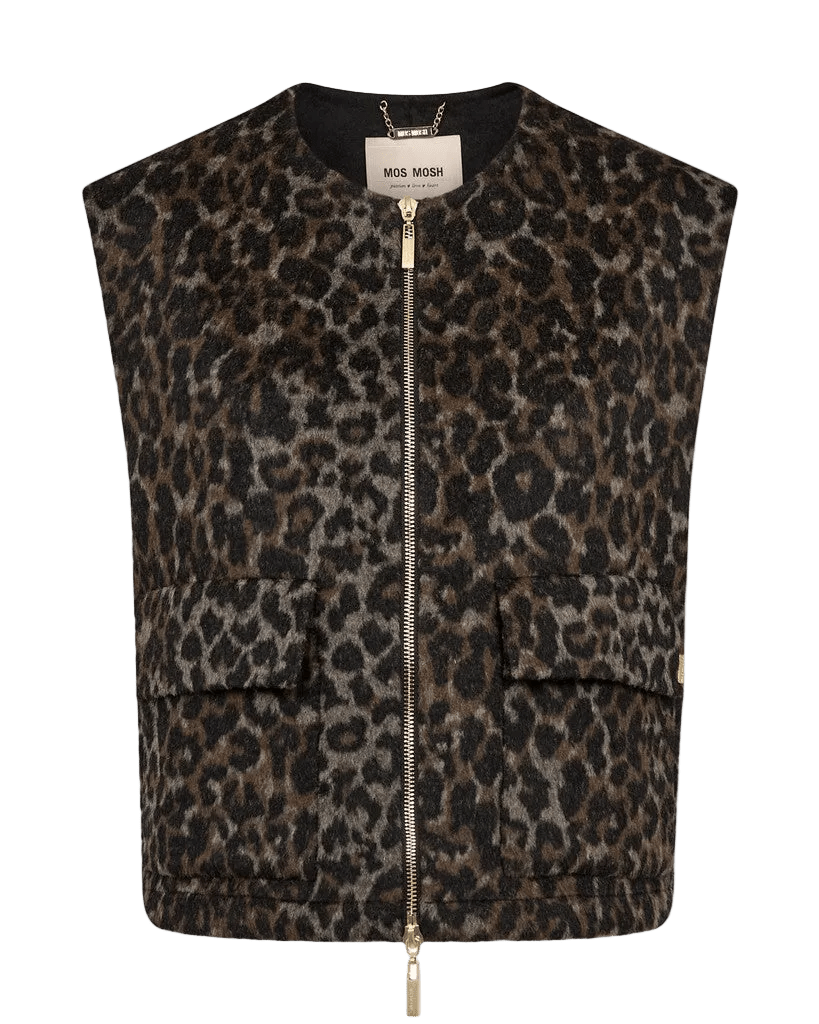 Leopardmønstret vest med lynlås og lommer, MOS MOSH Elise Leopard – stilfuld uldvest til kvinder.