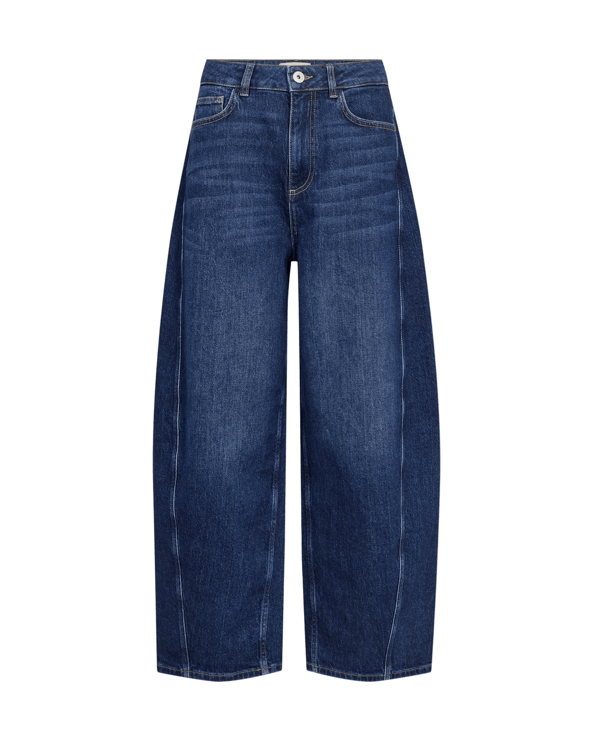MOS MOSH Cindy Denim: indigo-blå jeans med brede ben, høj talje, kort længde, synlige sømme. Model 155895.