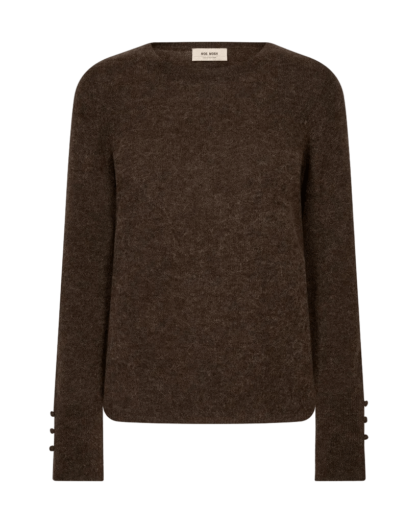 Mørkebrun 156299 | MOS MOSH – MMMape Sophia langærmet sweater med små knapper ved manchetterne.