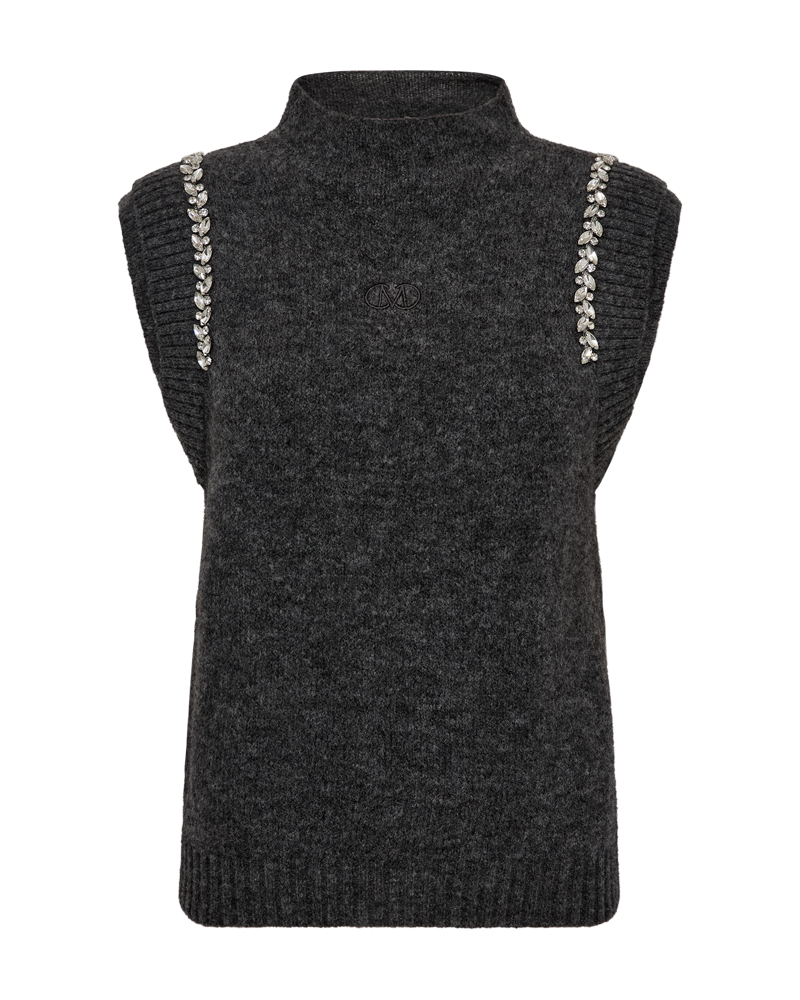 Mørkegrå strikvest med sølv dekoration ved ærmer fra Copenhagen Muse