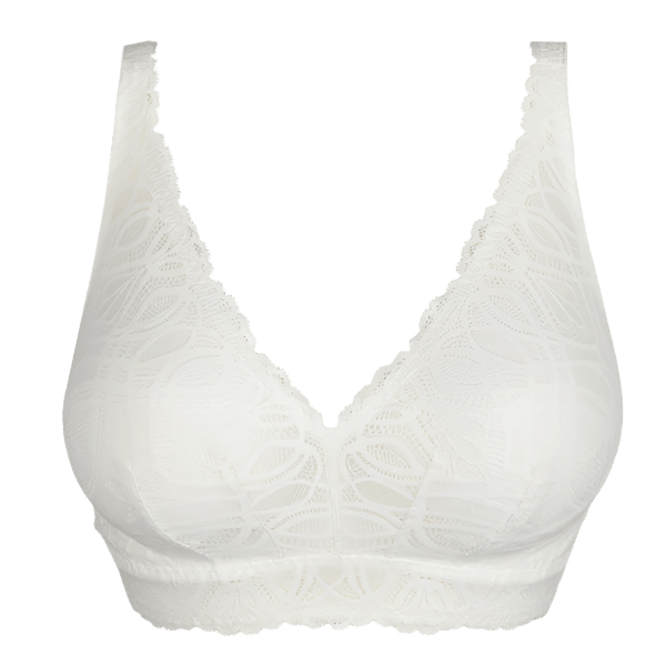 PrimaDonna Salerno Off White-bralette med dyb V-udskæring og gennemsigtig blonder, vist på hvid baggrund.