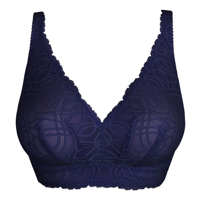 PrimaDonna Salerno Midnight Blue bralette med dyb V-udskæring, brede stropper og geometrisk blomstermønster.