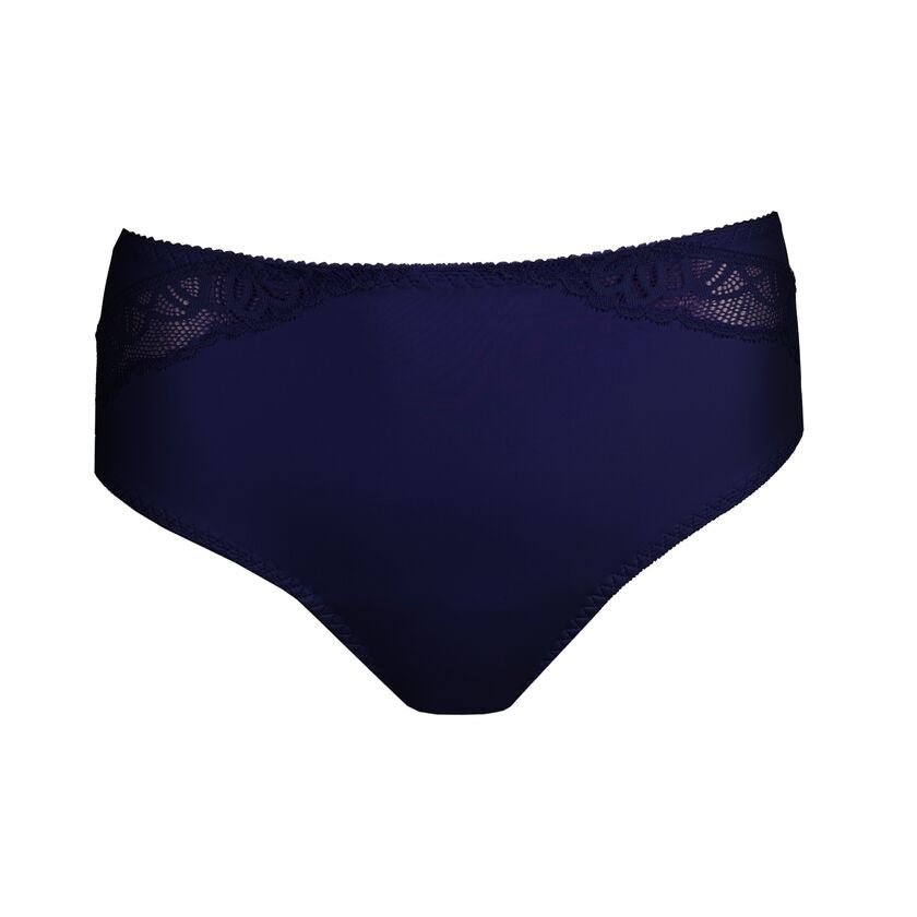 PrimaDonna Salerno Midnight Blue dameundertøj med blonder i siderne, vist på hvid baggrund.